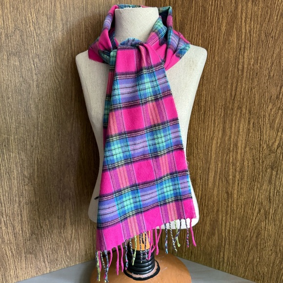 100% Cashmere Made In Germany Hot Pink Tartan Plaid Fringed Scarf Preppy Classic - Picture 1 of 8